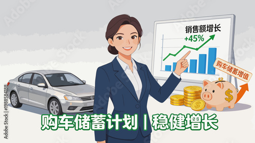 Businesswoman presenting car savings plan