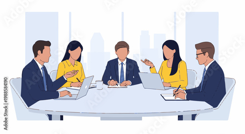 Five professionals in business attire collaborate around a modern conference table with laptops and notebooks