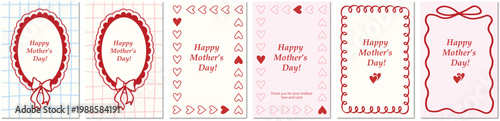 Mother’s Day greeting card set with hearts, frames and checkered backgrounds, cute pink and red vintage style postcards collection