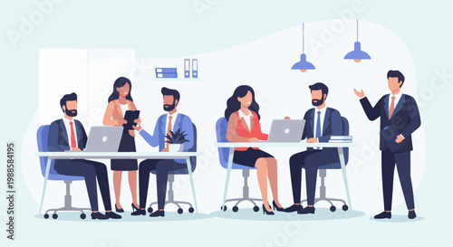 Diverse professionals collaborate in a modern office setting, utilizing technology for teamwork