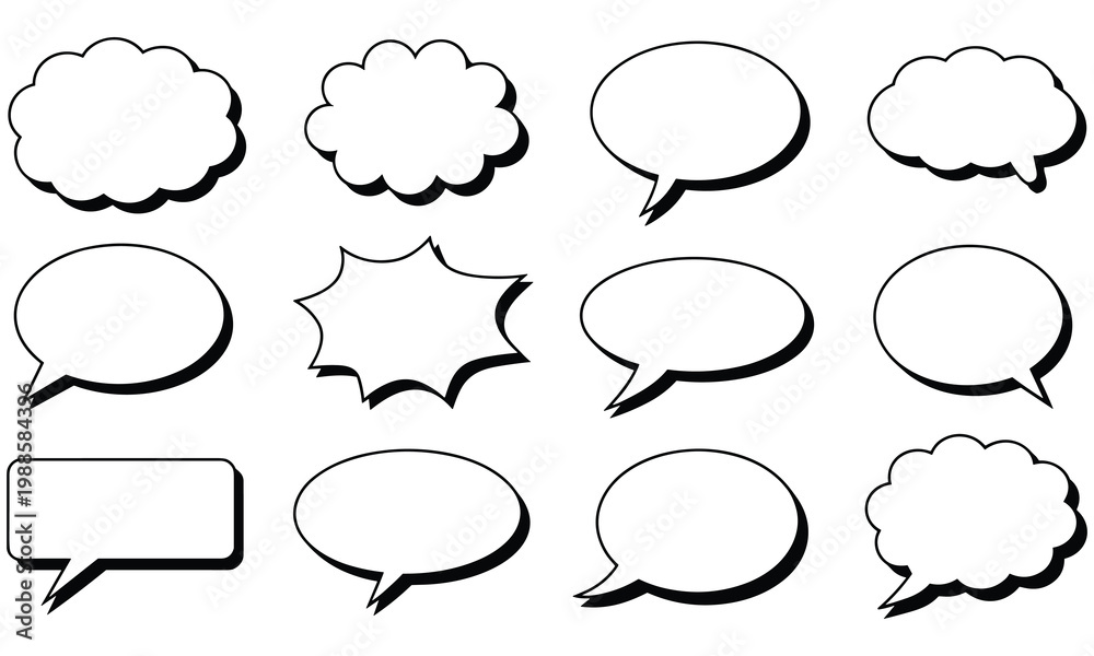 Fototapeta premium Collection of various black and white comic book style speech bubbles isolated on white background