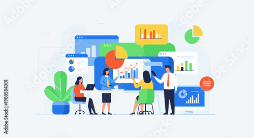 Diverse professionals collaborate on data analysis and business growth in a modern office setting
