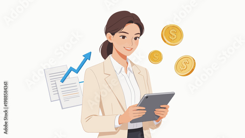 Businesswoman with tablet and coins