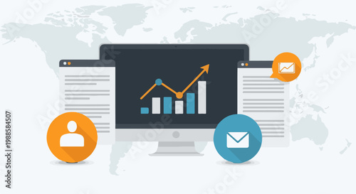 Global market analytics charts, contacts, and communication on world map