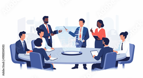 Diverse professionals collaborate around a holographic display in a modern office setting