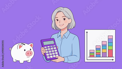 Woman with calculator piggy bank and chart