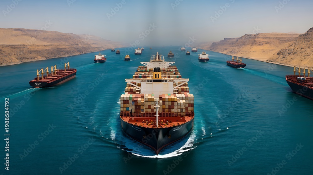 Fototapeta premium Aerial View of Several Cargo Ships Sailing in the Strait of Hormuz 