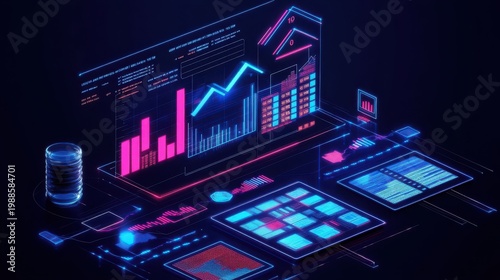 A futuristic computer screen displays various data visualizations in a dark room with neon lights