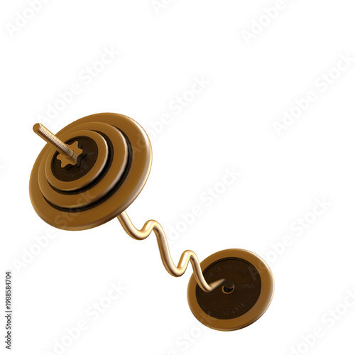 Gold dumbbell weight with spiral design on white background