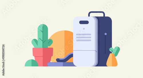 Minimalist illustration of a cactus, portable cooler, and other objects