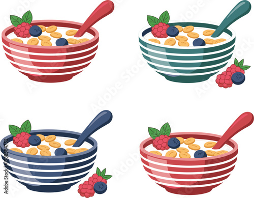Healthy breakfast cereal bowl set with oatmeal granola milk and fresh berries for organic food menu and nutrition concept vector