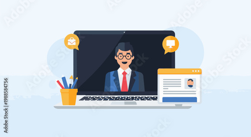 Illustration of a man in a suit on a laptop, with a pen holder and a webpage