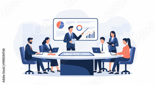 Business meeting with presentation and discussion around a table