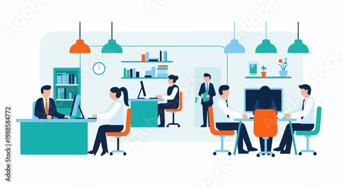 Diverse professionals collaborate and work diligently in a modern, bright office setting