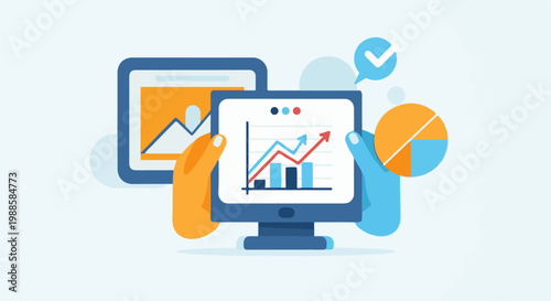 Hands holding screens showing graphs, pie chart, and a checkmark