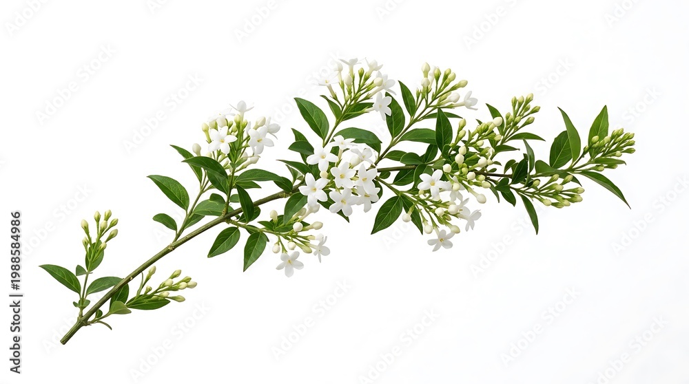 Fototapeta premium Fragrant White Jasmine Sprig with Green Leaves isolated on white background
