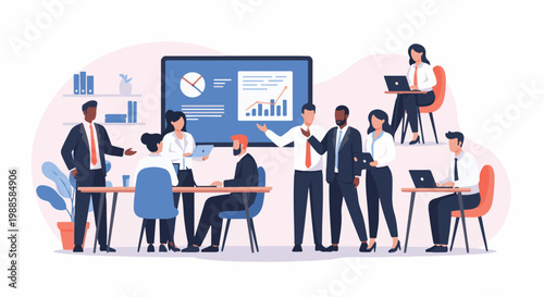 Diverse group of professionals collaborate in a modern office meeting, reviewing charts