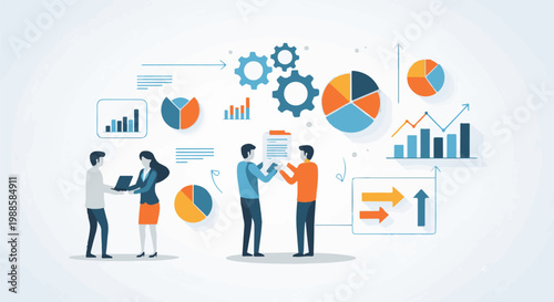 Diverse professionals collaborate on data analysis and strategic planning with digital visuals