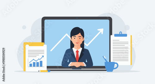 A businesswoman presents financial data on a laptop screen, with charts and reports