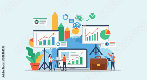 Business growth concept with people analyzing charts and global data visualization