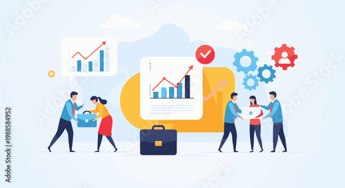 Business professionals collaborate on growth strategies, using data charts and gears