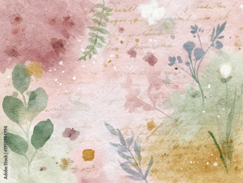 A watercolor painting of various flower and foliage. This art piece has a soft, romantic feel with its muted colors and delicate details.