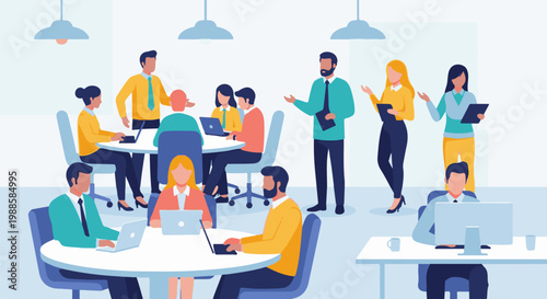 Diverse professionals collaborate in a modern office, discussing projects at tables with laptops and computers