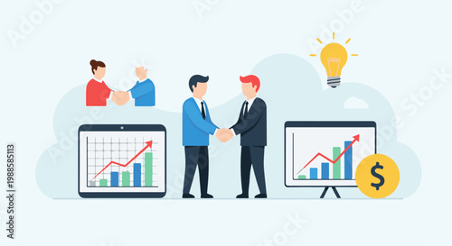 Business partners shake hands next to charts, a lightbulb, and a coin
