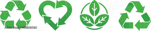 Green eco friendly recycle icons set with heart shape leaf and triangular arrow symbols for sustainable organic environment protection concept.