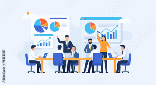 A diverse team collaborates on financial reports and charts in a modern office setting