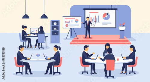 Office workers collaborate in meetings, a presenter addresses audience on stage