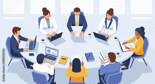 Diverse professionals gather around a round table, engaged in collaborative work