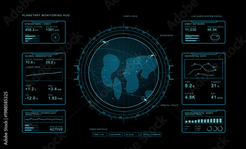 Futuristic Planetary Monitoring HUD with Earth Data Interface. Sci-fi Earth monitoring dashboard with orbital data, climate metrics, geospatial panels. HUD Earth Globe Sci-fi panel. Vector elements