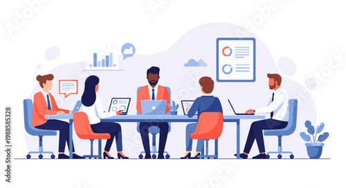 Diverse professionals collaborate at a modern office table, discussing data and plans