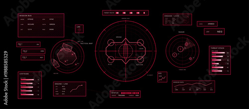 Futuristic Red Tactical Drone HUD Interface on Black. Neon red military-style control dashboard with drone lock view, radar, tactical map, threat levels, engine stats. Drone HUD cockpit view. Vector