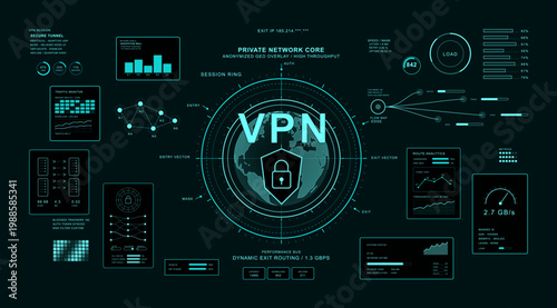 Futuristic VPN Security Dashboard Interface with Global Network. Neon cyan cybersecurity dashboard featuring VPN routing, encrypted traffic, network analytics. Vector banner VPN and Proxy server