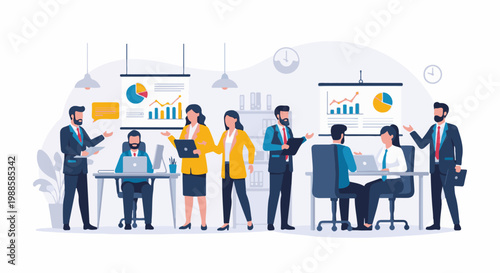 Modern business team collaborates in a bright office space, analyzing charts