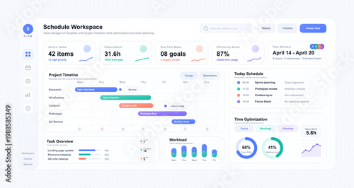 Schedule Workspace Task Management Dashboard UI Template. Clean project planning dashboard with timeline, daily schedule, workload charts, task overview. UI Task Management panel. Vector web app