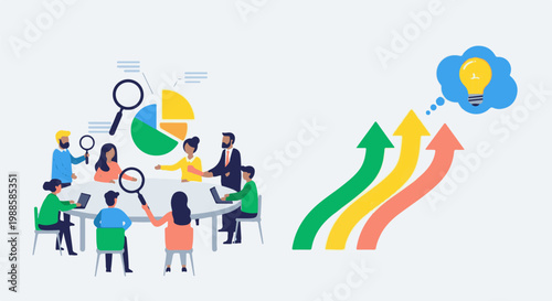Team collaboration fosters innovation, visualized by growing arrows and a bright idea