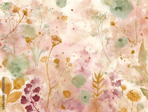 Delicate watercolor painting of flowers and greenery, soft and natural aesthetic.