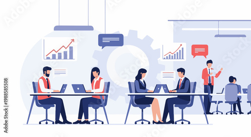 Professionals collaborate in a modern office setting, focusing on data and communication for growth