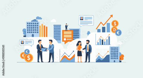 Business people collaborate amidst financial charts, buildings, and currency symbols in a modern illustration