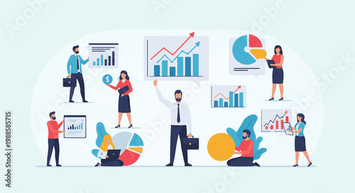 Business professionals analyze growth charts, pie graphs, and financial data