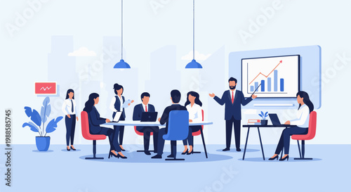 Diverse professionals collaborate in a modern office, discussing growth charts and data