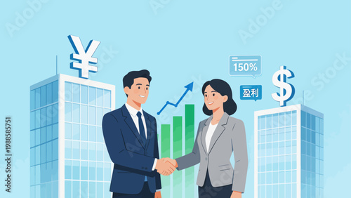 Business handshake with financial symbols
