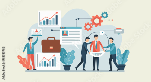Professionals collaborate on a project, visualizing data and strategy with charts and gears