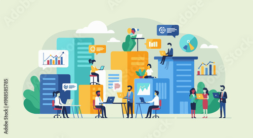 Diverse people collaborate in a modern office setting, surrounded by abstract architectural elements and data visualizations