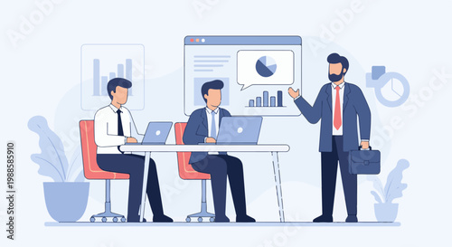 Three men in suits in a meeting room, discussing a project with charts and graphs