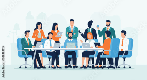 Diverse professionals in modern office gather for a productive meeting around a table