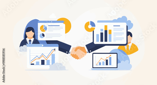 Collaborative handshake between business professionals with charts